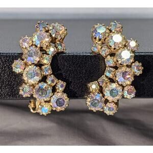 White Iridescent Stone Cluster Cuff Vintage Rhinestone Clip On Earrings